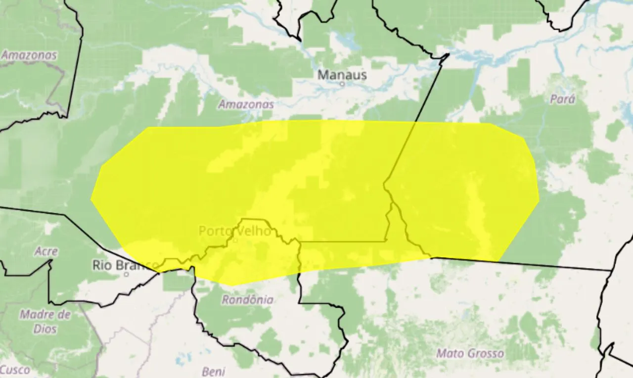 o mapa mostra as &aacute;reas em alerta para chuva intensa